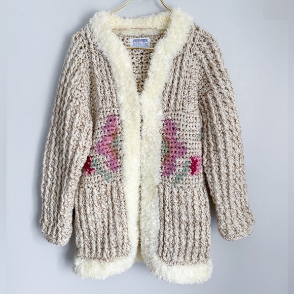 Vintage 70s Answers by riddles knit floral shaggy trim crochet cardigan jacket - Picture 1 of 5